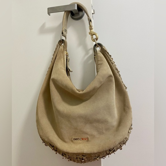 JIMMY CHOO large suede shoulder bag. Tan / beige colour, gold embellishments. - Picture 8 of 11